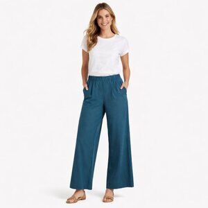 Ann Taylor Women's Pants Size L Teal Wide Leg Pull On Elastic Waist Pockets